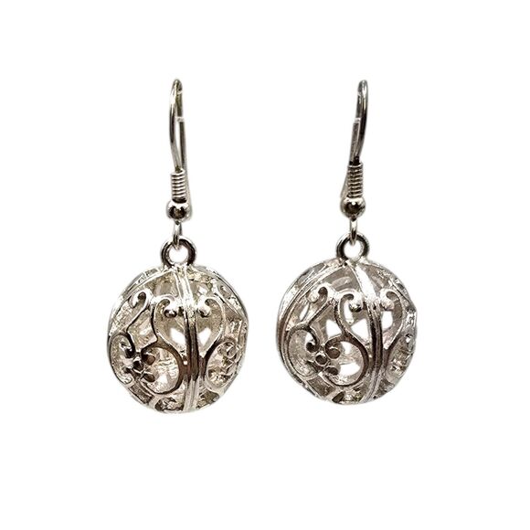Pierced Earrings Flower Ball Filigree Dangle Silver Tone French Wire Style - Picture 4 of 5